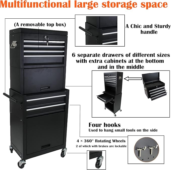 6 Drawers Rolling Tool Box Organizer,2 Tier High Capacity Tool Chest with Wheels,Lockable Rolling Tool Chest with 2 Cabinet,Detachable Tool Box Workshop Storage Cabinet(2 Tier-6 Drawers(Black))