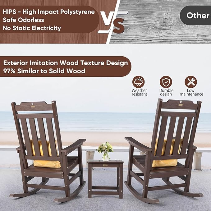 Rocking Chairs Set of 4, All Weather Resistant Poly Lumber Outdoor Porch Rocker, Rocking Chairs for Outdoor, Indoor, Patio, Deck, Garden, Backyard, Load Bearing 380 lbs - Brown