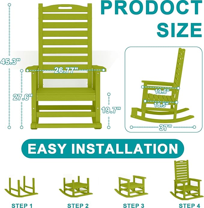 Outdoor Rocking Chair with Removable Footboard for Adults, HDPE High Back Patio Rocking Chairs, 330lbs All Weather Porch Rocking Chairs for Outdoor & Indoor -Pistachio Green