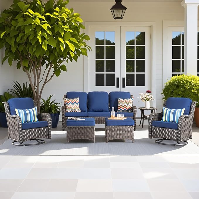 ovios 6-Pieces Patio Furniture Set with Swivel Chairs, Outdoor Wicker Sofa Couch Gliders Rocker Comfy Cushions, High Back Modern Conversation Set, Brown Rattan, Navy Blue