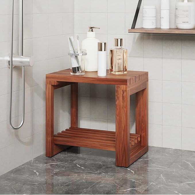 EROMMY Adjustable Length 29 Inches Shower Stool for Inside Shower, Waterproof Bench with Storage Shelf, Teak Shower Bench for Sitting, Shelving Legs, Spa Use, Shower Chair for Adults Seniors Elderly