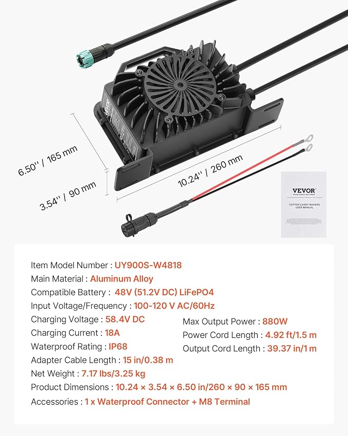 VEVOR 48V 18A Lithium Battery Charger, 58.4V, AC-DC LiFePO4 Smart Charger, with Waterproof Connector, LED Indicator, 0V Activation, for LiFePO4 Deep Cycle Rechargeable Batteries of Boat, RV, IP68