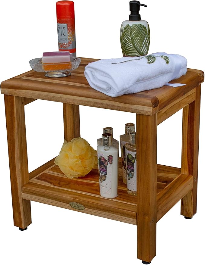 EcoDecors Eleganto 18 Inch Natural Color Waterproof Teak Wood Shower Bench Stool Seat Chair For Inside Shower Provides Safety, Storage, and Organization For Bathroom Accessories