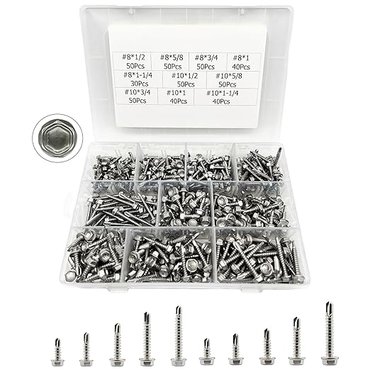 450Pcs Self Drilling Metal Screws, 410 Stainless Steel Hex Flange Head with Drill Point (#8#10), Sheet Metal Screws Assortment Kit in Plastic Box - for HVAC, Roofing, Automotive, Fencing