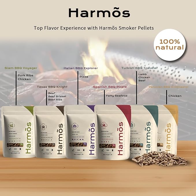 Harmos 4-Wood Pellets Variety Pack, 6 Flavors - All-Natural BBQ Pellets for Ninja Woodfire Grill & Outdoor Cooking, Resealable Bags, 6 Packs