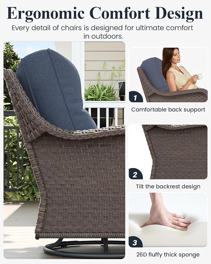 LayinSun 7 Piece Wicker Outdoor Furniture Set with 6-inch Comfy Cushions, High Back Patio Furniture Set with Swivel Rocking Chairs and Side Table
