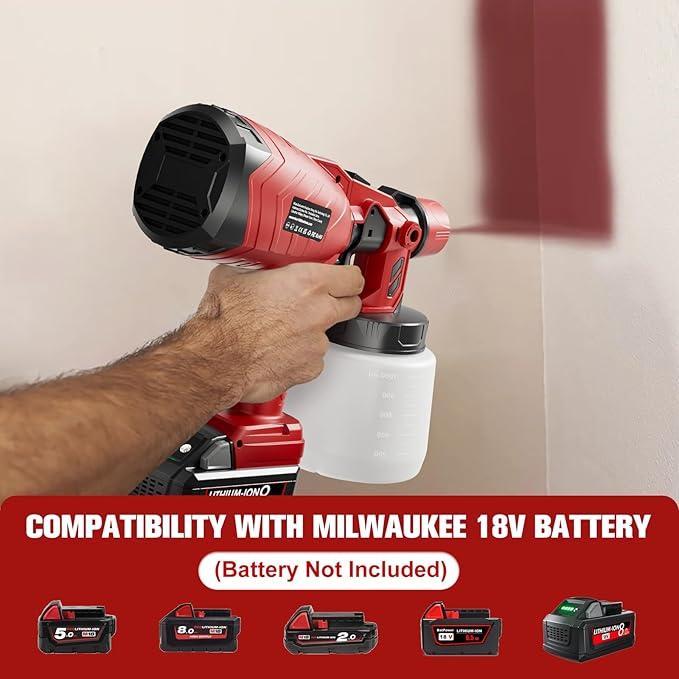 Paint Sprayer for Milwaukee 18V Battery, 200W HVLP Paint Sprayers, Cordless Spray Paint Gun with 2 Nozzles & 3 Spray Patterns, for House Paint, Furniture, Cabinets, Fence (Battery Not Included)