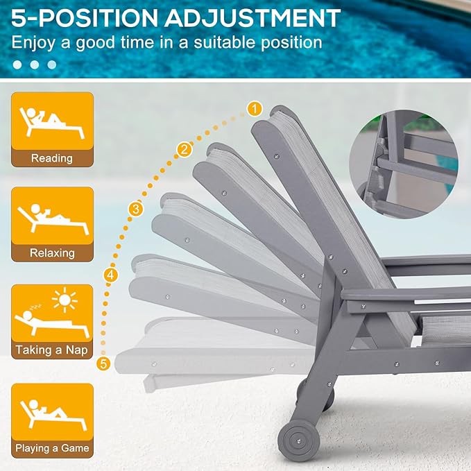 Outdoor Chaise Lounge Chair with Textilene Surface, 5-Position Adjustable Patio Lounge Chair with Wheels & Cup Holder, HDPE Pool Lounge Chair for Outside, Poolside & Beach (Grey, 1)