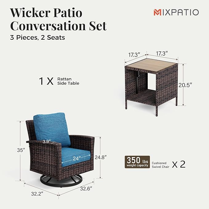 Outdoor Swivel Patio Chairs Set of 2 with Side Table, 3 Piece Wicker Highback Patio Bistro Set with Cushions for Deck Porch and Yard, Peacock Blue