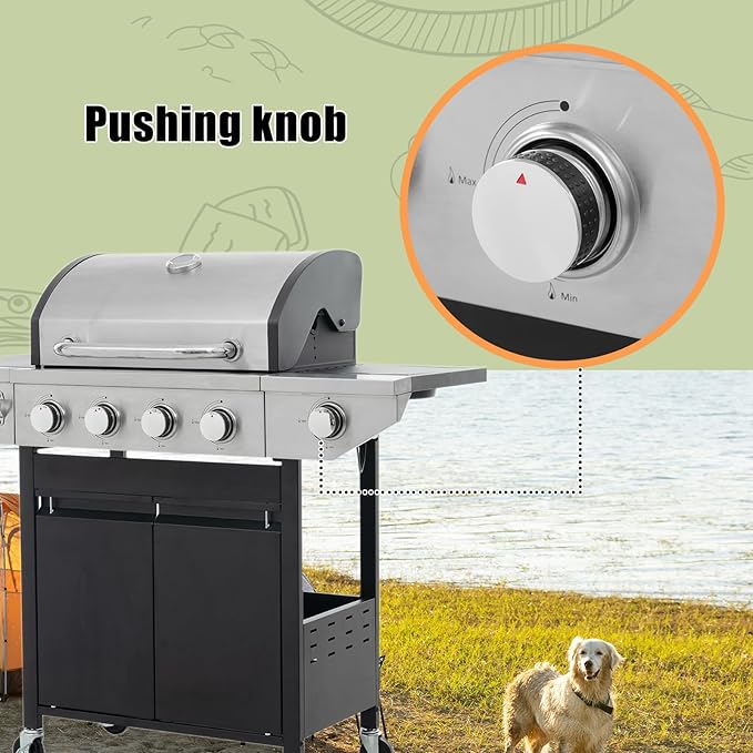 Propane Grill 4 Burner Barbecue Grill Stainless Steel Gas Grill with Side Burner, 46,500 BTU Outdoor Cooking, Patio, Garden Barbecue Grill, Black and Silver