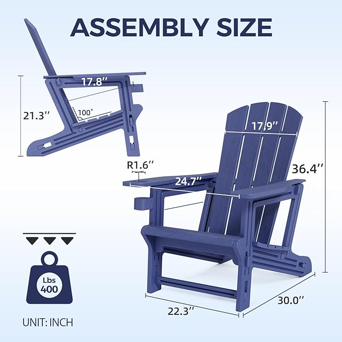 FONTOI Adirondack Chair，Plastic Outdoor Chairs Without Screws Install，Patio Adirondack with Cup Holder，400 LBS Capacity Recliner Chair Garden Chair for Backyard Lawn Beach Navy Blue