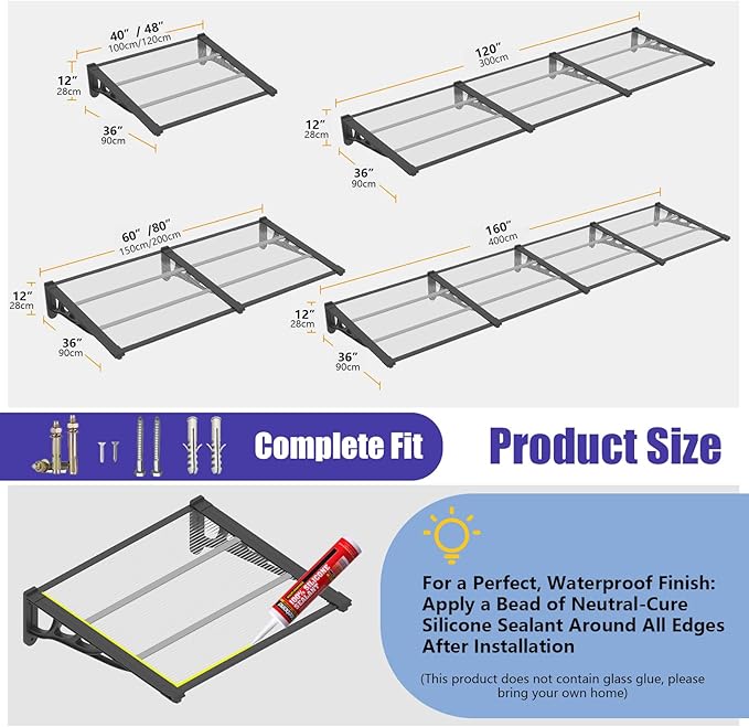 Door Awning Window Canopy, Modular Spliced Awnings for Outside,Porch,Patio,Deck,Polycarbonate Sheet,UV, Rain, and Snow Protection (Black Bracket & Transparent Board, 35 * 48'')