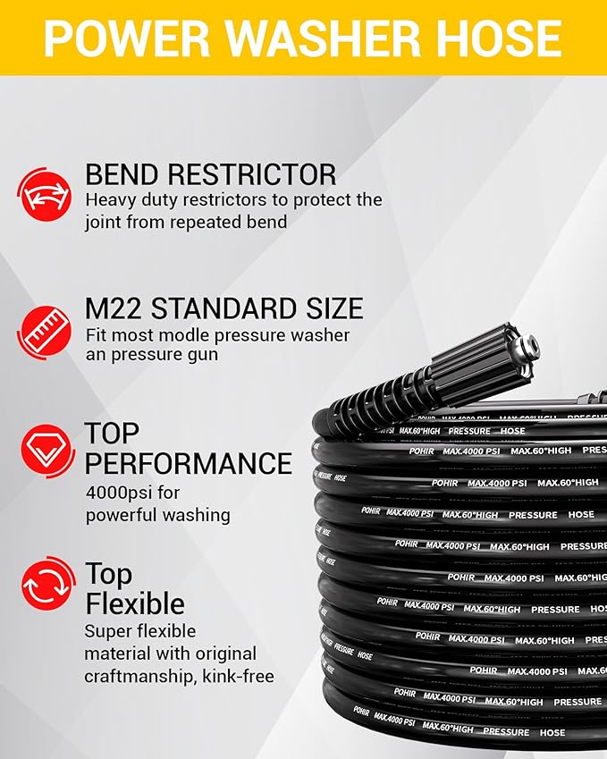 50ft Pressure Washer Hose with M22 14 Fitting, 1/4 inch Kink Resistant Replacement Hose 4000 PSI, Electric Power Washing Hose with M22 to 3/8 Quick Connect Set