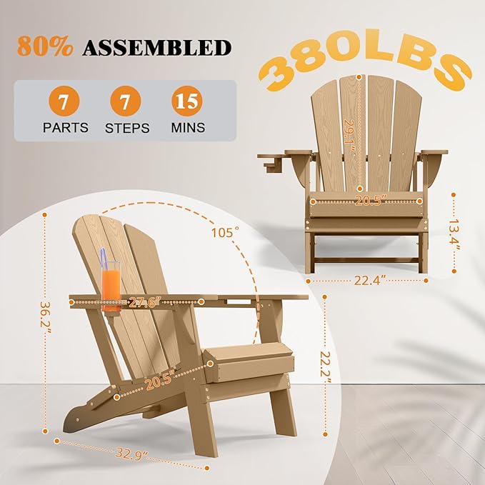 Folding Adirondack Chair, HDPE All-Weather Patio Chairs for Outdoor, Patio, Lawn, Garden, Backyard Deck, Fire Pit - Brown