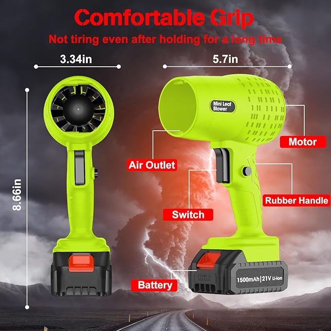 Leaf Blower with 21V*2 Pcs Batteries, 950000RPM Powerful Fan, High Variable Speed 200 MPH, Handheld Air Blower, Perfect for Car Drying, Patio Cleaning, Lawn Caring, Leaves Blowing (Green)