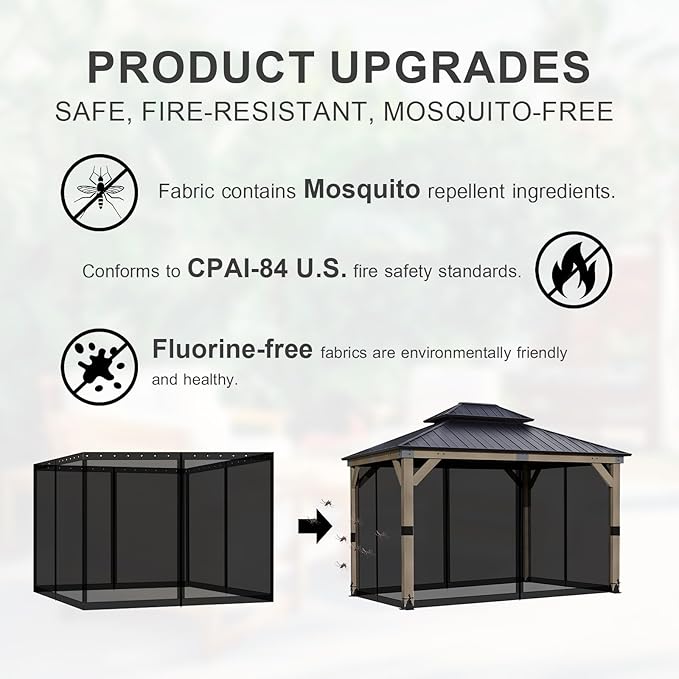 BPS 12' x 14' Gazebo Universal Mosquito Netting Screen Replacement, 4-Panel Screen Walls with Double Zippers for Outdoor Patio, Black (Mosquito Net Only)