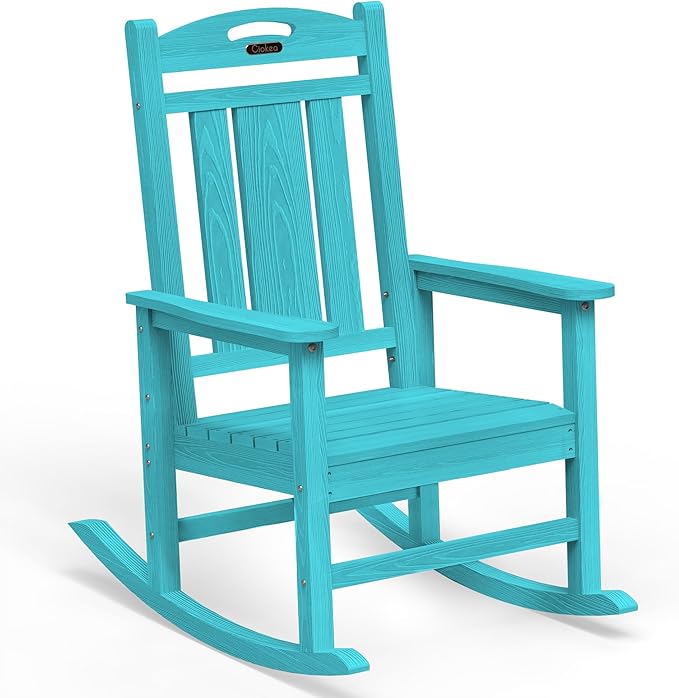 Ciokea Oversized Outdoor Rocking Chair, HDPE Porch Rocking Chair for Outside, Weatherproof Comfortable Patio Rockers for Front Deck Balcony, Lake Blue