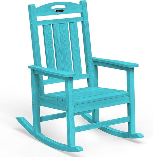 Ciokea Oversized Outdoor Rocking Chair, HDPE Porch Rocking Chair for Outside, Weatherproof Comfortable Patio Rockers for Front Deck Balcony, Lake Blue