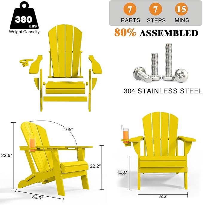 Folding Adirondack Chairs with Cup Holders, Set of 6 HDPE Plastic Outdoor Chairs, Weather Resistant, Real Wood Look, Heavy-Duty Patio Furniture for Deck, Fire Pit, Backyard, Yellow