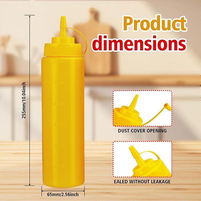 Squeeze Bottles for Sauces,Leak-Proof Condiment Dispenser, BPA-Free Kitchen Restaurant Squeeze Bottle Set with Wide Mouth for Ketchup, Mustard,Syrup,Dressings (Yellow, 6Pack-24oz(600ml))