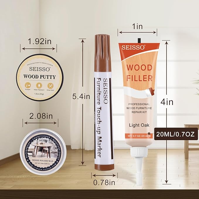SEISSO Wood Furniture Repair Kit, 6 Colors Wood Fillers and Touch Up Markers, Wooden Putty, Wood Polish Wax for Repair Scratches, Stains, Cracks of Laminate, Door, Table, Cabinet, Floor