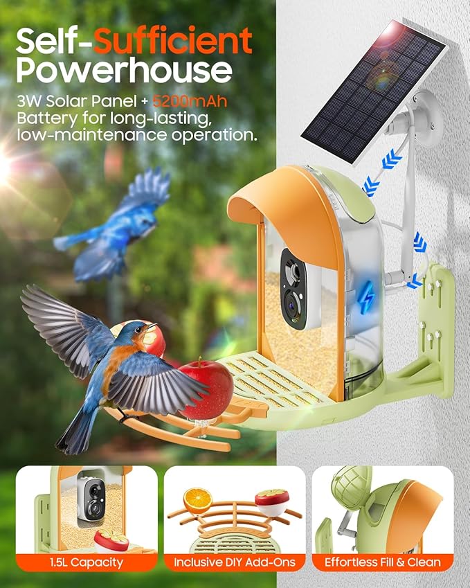 Bird Feeder with Camera, Smart Birdfeeder with Cam Solar Powered, 2K HD Video, AI Identification, Instant Arrival Alerts, IP66 Bird Bath & Feeder,Gift for BirdLover (with Stand, Green)