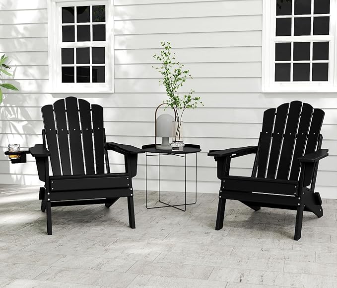 FOOWIN Adirondack Chair Set of 6, Folding Adirondack Chair with Cup Holder, HDPE All-Weather Fire Pit Chair for Patio, Garden, Backyard, Poolside, Black