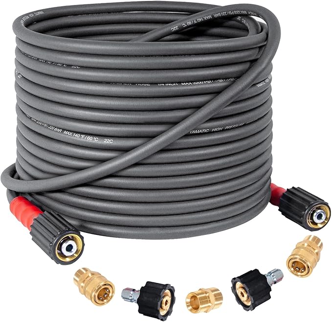 YAMATIC Super Flexible Pressure Washer Hose 40FT for Power Washer Replacement, Kink Resistant Extension With Leak-Free M22 Female & 3/8" Quick Connect Adapters, 1/4" 3200 PSI, Grey