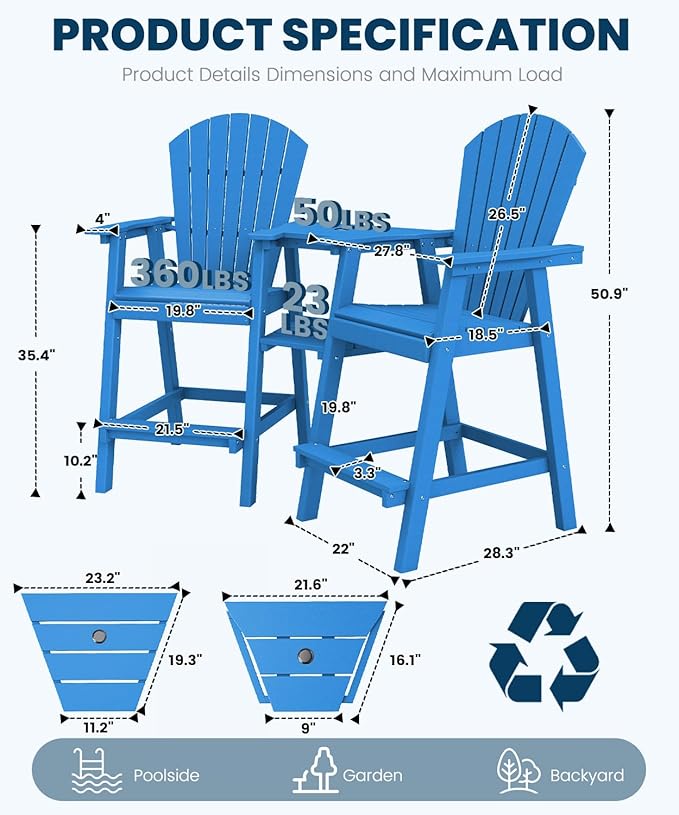 FOOWIN Tall Adirondack Chair Set of 8, All Weather HDPE Bar Height Adirondack Chair with Double Connecting Trays, Adirondack Barstools for Balcony, Deck, Backyard, Patio, Garden Pacific Blue