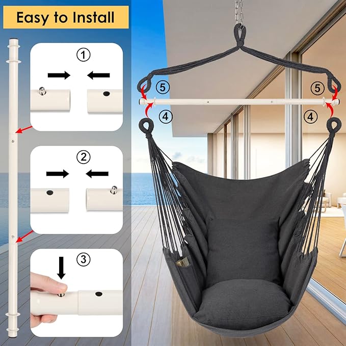 Y- STOP Hammock Chair Hanging Rope Swing Chair, Max 500 Lbs, 2 Seat Cushions Included, Removable Steel Spreader Bar with Anti-Slip Rings, Hardware kit-for Indoor or Outdoor(Dark Grey)