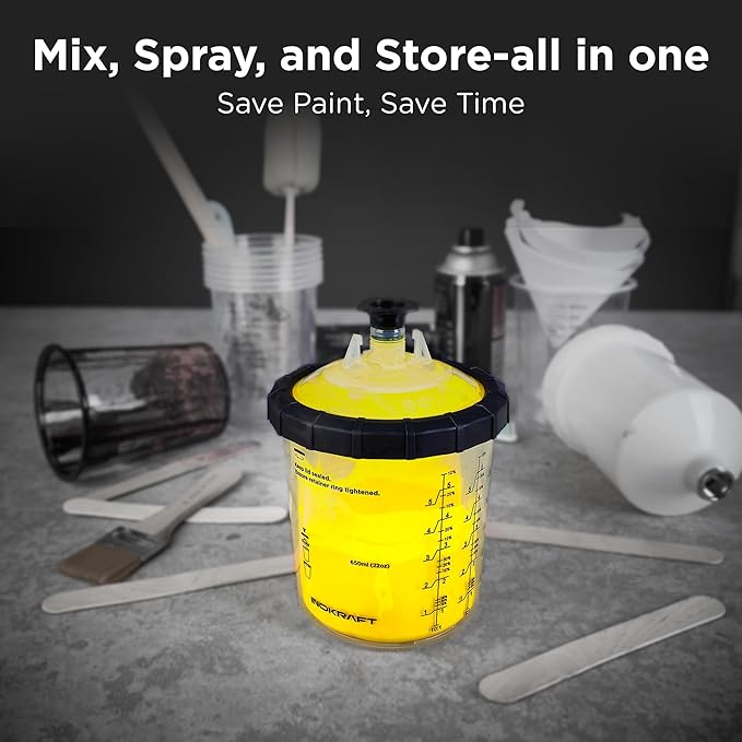 InoKraft Disposable Paint Spray Gun Cup, Paint System for HVLP and LVLP Paint Spray Paint Gun, Mini 6 Ounce (200ml) Kit with 50 Cups and Lids System, 1 Hard Cup with Retainer Ring and 20 Plugs