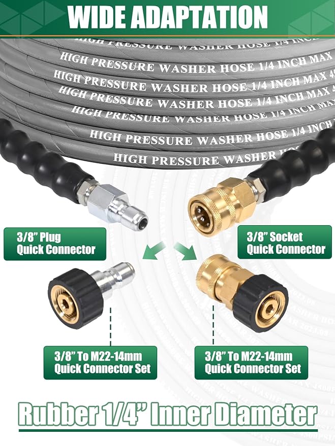 1/4” Pressure Washer Hose 35 FT 4500 PSI, Steel Braided Layer & NonMarking Rubber for Hot/Cold Water High Power Washer Replacement With Quick Connect & M22 Fitting, Industrial-grade