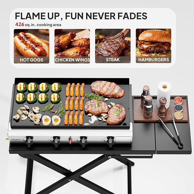 ROVSUN 4 Burner Foldable Propane Griddle with Wheels & Enameled Tray, 40000 BTU Portable Flat Top Gas Grill with Electronic Ignition & Regulator for Outdoor Cooking Camping BBQ Tailgating Picnicking