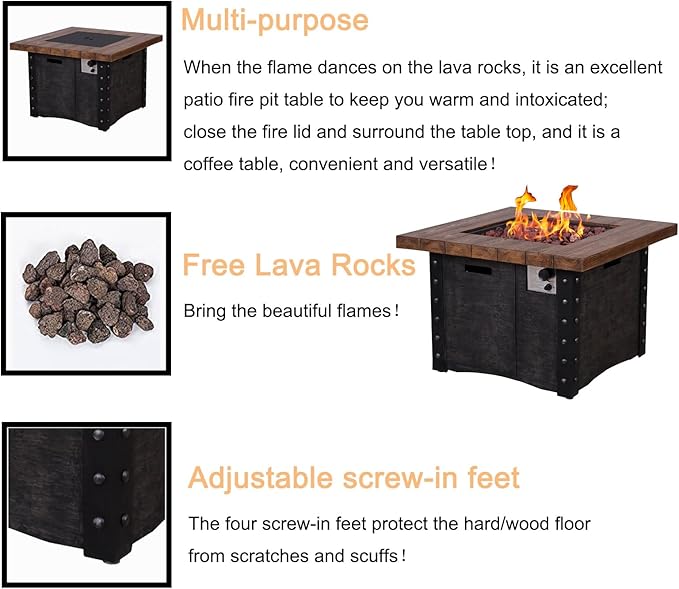 Afterglow Outdoor TerraFab Propane Fire Pit Table for Outside Patio Backyard Garden, Firepit Table with Weather Cover and Lava Rocks，50000 BTU，34.5”X34.5”X23.8”H, Black, CSA Certificated