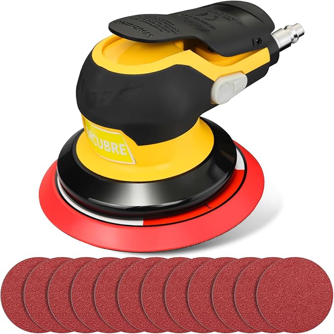 Low noise 5/6 Inch DA Sander for Auto Body - Lightweight, Powerful random orbital air sanders, Noise Reduction Design pneumatic sander (5 inch with 12 pcs Sandpaper)