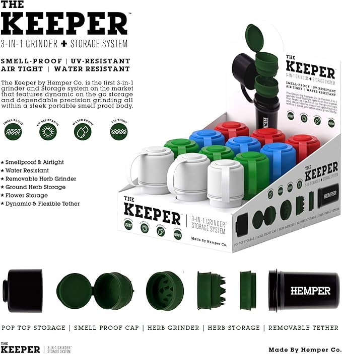 Hemper Keeper 3‑in‑1 Herb Grinder with Dual Storage Container - Smell‑Proof, Airtight & Water‑Resistant - Built‑In Removable Grinder, Dual Compartments for Flower & Ground - (White)