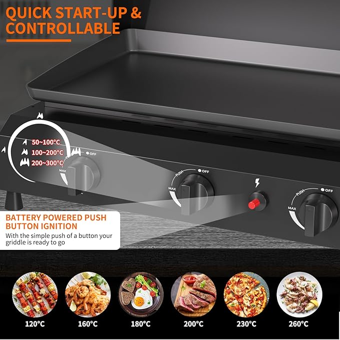 SKOK 4 Burner Gas Griddle with Hood- 30 Inch Outdoor Propane Griddle-60000 BTU Propane Fuelled, Portable Flat Top Gas Grill Camping Griddle with Lid