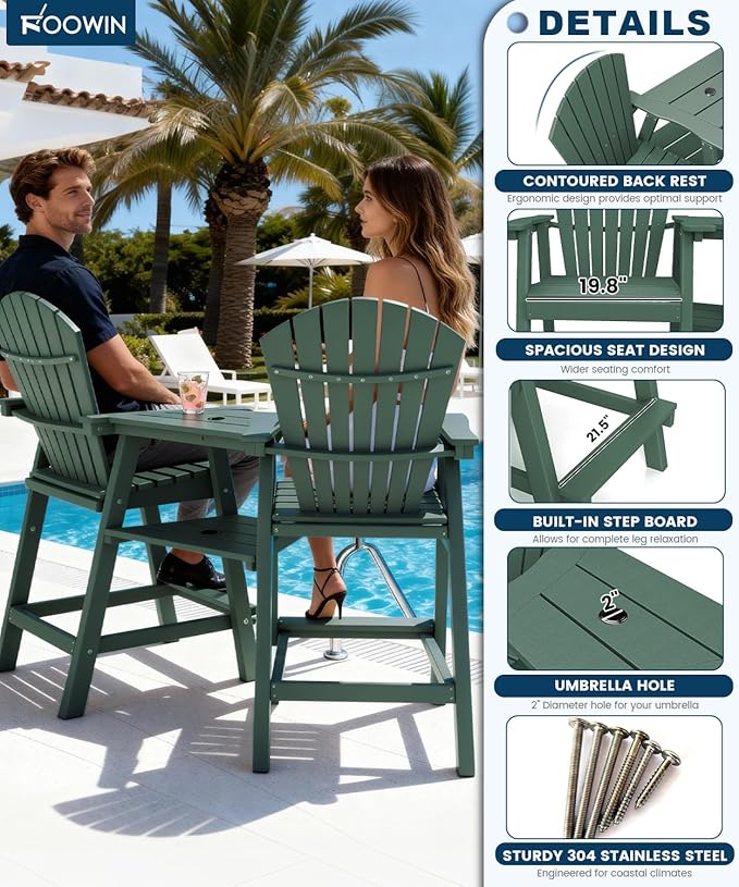 FOOWIN Tall Adirondack Chair Set of 8, All Weather HDPE Bar Height Adirondack Chair with Double Connecting Trays, Adirondack Barstools for Balcony, Deck, Backyard, Patio, Garden Dark Green