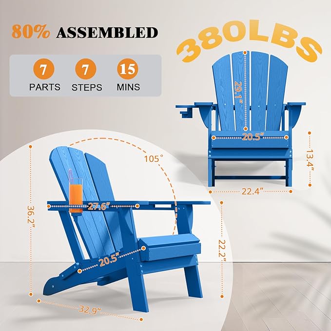 Folding Adirondack Chair, HDPE All-Weather Patio Chairs for Outdoor, Patio, Lawn, Garden, Backyard Deck, Fire Pit - Navy Blue