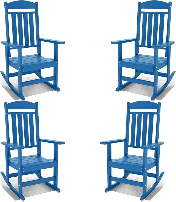 Outdoor Rocking Chairs Set of 4, Oversized High Back Patio Rocking Chairs, All Weather Porch Rocking Chairs for Outside. Pacific Blue