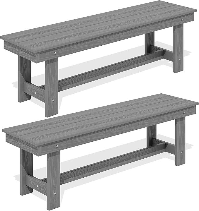 SERWALL 2-Person Outdoor Bench Backless, HDPE Outdoor Benches Weatherproof, 700 Lbs Weight Capacity, Poly Lumber Patio Furniture for Garden, Porch and Park, Grey, 2 Pack