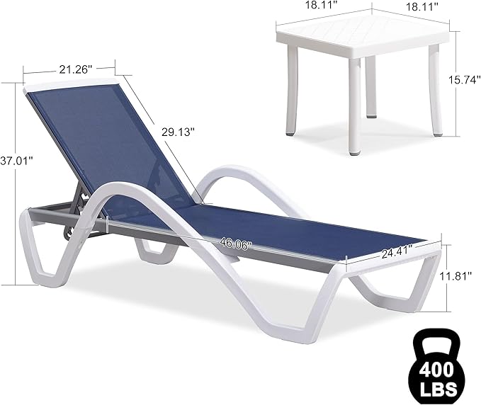PURPLE LEAF Patio Chaise Lounge Chair Set Outdoor Plastic Textilene Lounger with Side Table 6 Adjustable Positions Sun Bathing Tanning Recliner for Pool Outside Beach in-Pool Lawn Poolside, Blue