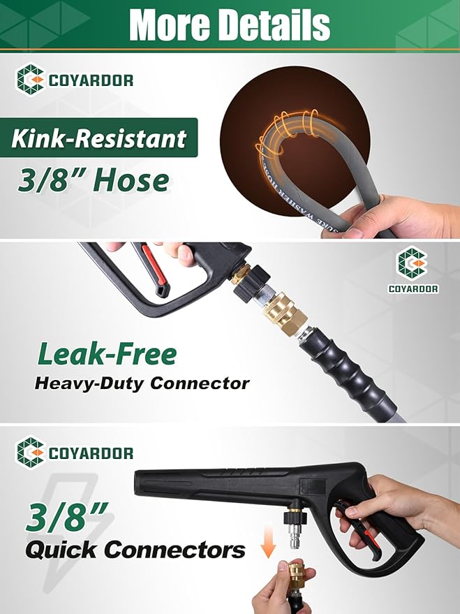3/8" Pressure Washer Hose 35 FT 4500 PSI, Steel Braided Layer & NonMarking Rubber for Hot/Cold Water High Power Washer Replacement With 3/8 Inch Quick Connect & M22 Fitting, Industrial-grade