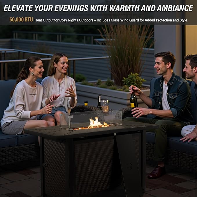Belord 8 Piece Patio Furniture Set with 50000 BTU Propane Fire Pit Table, Outdoor Conversation Set with 2 Swivel Rocker Chairs Wicker Sofa and Ottomans for Casual Gatherings Beige Cushion