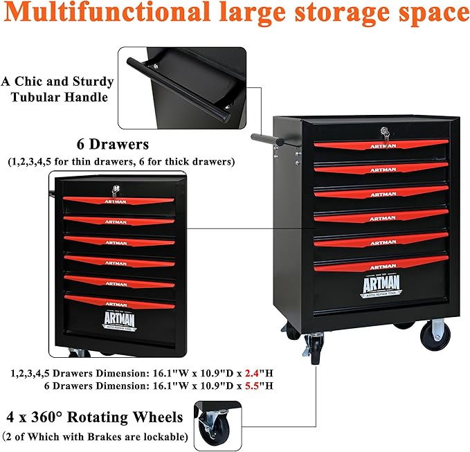 6 Drawers Tool Cart on Wheels, Multifunctional Rolling Tool Storage Chest, Drawers Rolling Trolley Organizer Tool Box for Warehouse, Garage, Workshop, Repair Shop (6 Drawers-30.5" H)
