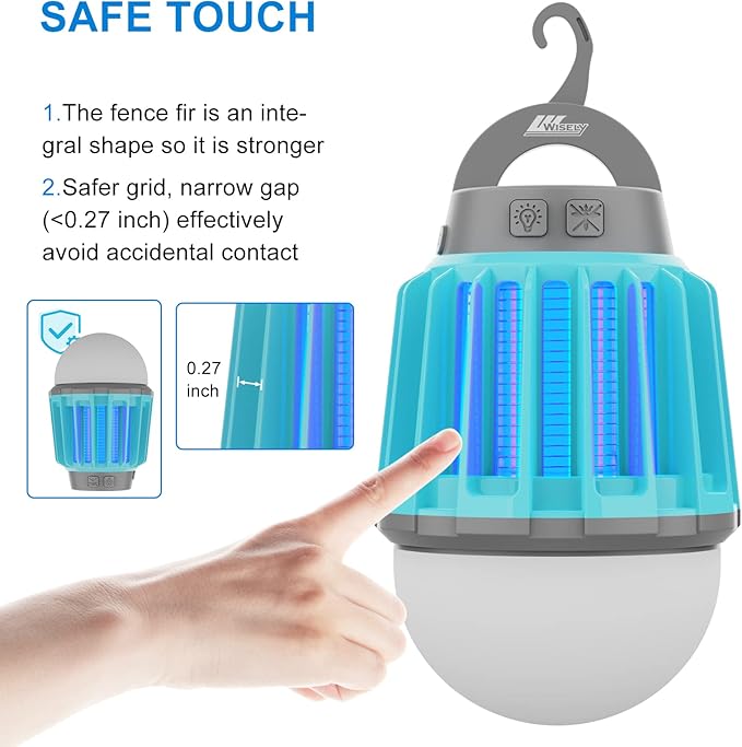 Wisely Bug Zapper Outdoor/Indoor Electric, USB-C Rechargeable Mosquito Killer Lantern Lamp, Portable Insect Electronic Zapper Indoor Trap, with LED Light Oceanblue