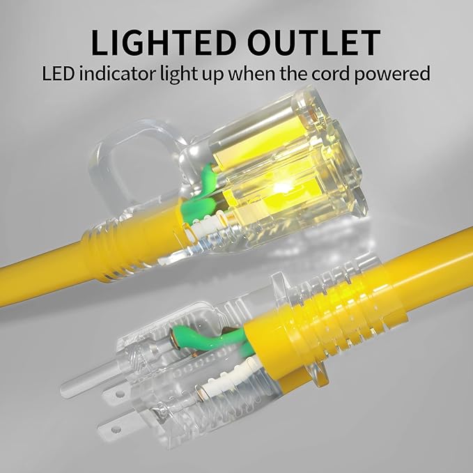 POWGRN 12/3 75 Ft Outdoor Extension Cord Waterproof Heavy Duty with Lighted Indicator 12 Gauge 3 Prong, Flexible Cold-Resistant Long Power Cord Outside, 15Amp 1875W SJTW Yellow ETL Listed