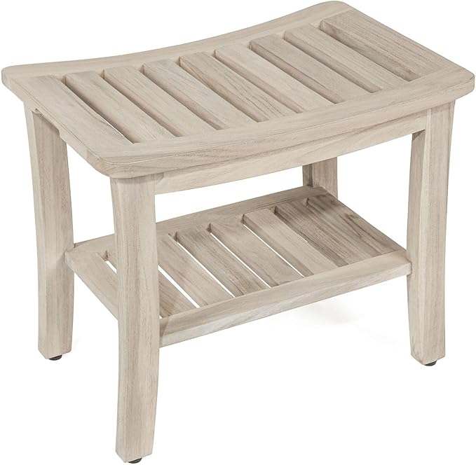 TeakCraft Patented Gray Teak Shower Bench with Shelf 21 Inch for Bathroom, Spa - Fully Assembled, Shower Stool, Rustic Gray Finish, The Lavici