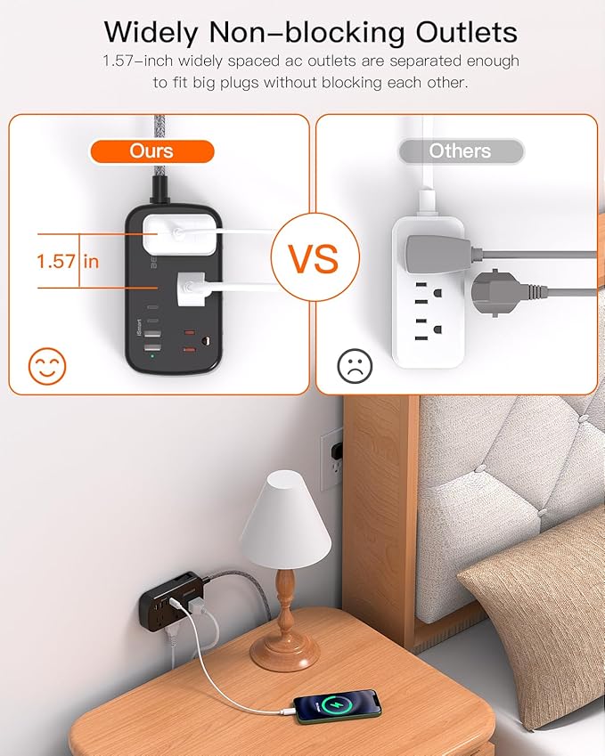 Extension Cord 25 Ft, BESHON Flat Plug Power Strip with 6 Outlets with 4 USB Ports(2 USB C), No Surge Protector for Home Office College Dorm Room Travel Essentials, Black