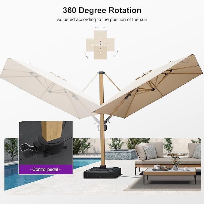 PURPLE LEAF 9FT Patio Umbrella Square Cantilever Umbrella Teak Finished Aluminum Frame Large Windproof Offset Outdoor Sun Umbrellas for Beach Pool Deck, Beige